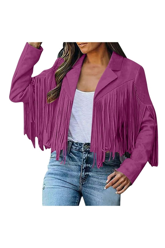 Women's Suede Fringe Jacket Trendy Long Sleeve Suede Leather 70s Cowboy Coat Fashion Cropped Jacket Western Outfits with Tassel