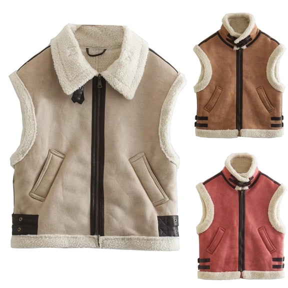 Hvyesh Women's Suede Sherpa Leather Vest Jacket Warm Sleeveless Plush Coat Winter Zip Up Puffer Vest Thermal Sherpa Lined Waistcoat with Pockets Brown Vest