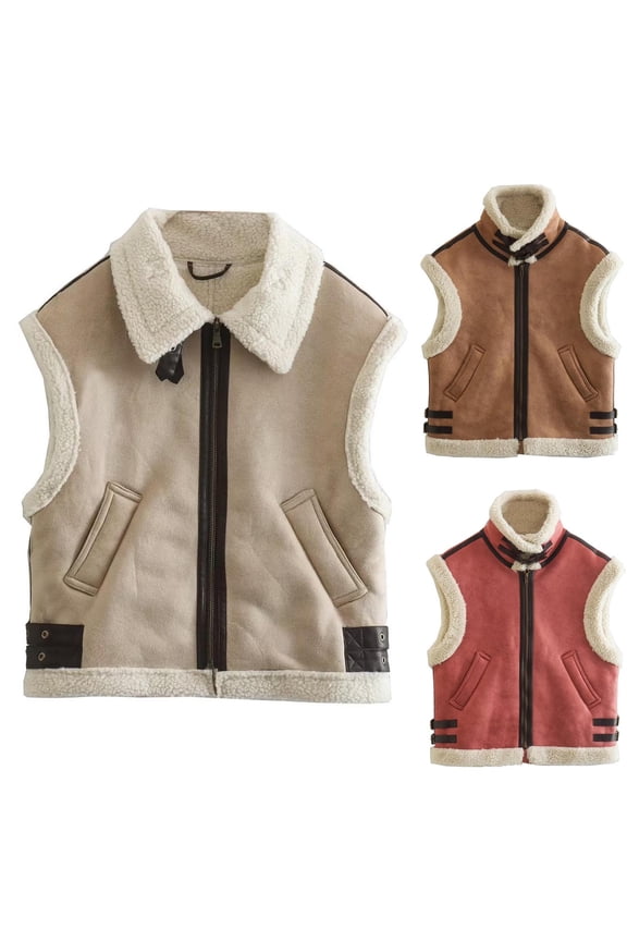 Women's Suede Sherpa Leather Vest Jacket Warm Sleeveless Plush Coat Winter Zip Up Puffer Vest Thermal Sherpa Lined Waistcoat with Pockets White