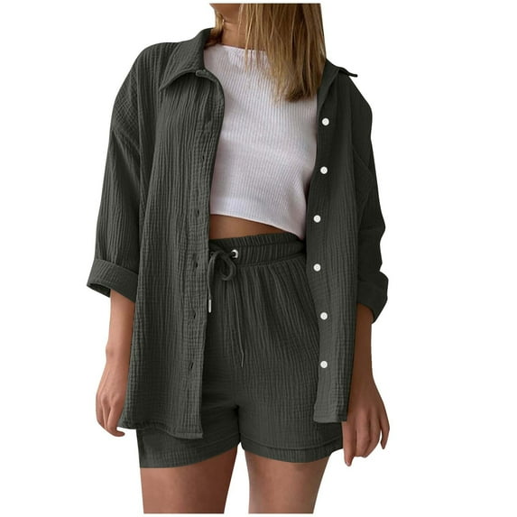 Hvyesh Women's Summer 2 Piece Outfit Sets Long Sleeve Button Down Shirts Matching Short Sets Beach Vacation Lounge Set