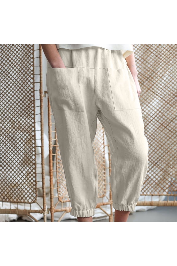 Women's Summer Capri Pants Cotton Linen Casual Pants Wide Leg Elastic Waist Loung Pants Lightweight Cropped Trouses