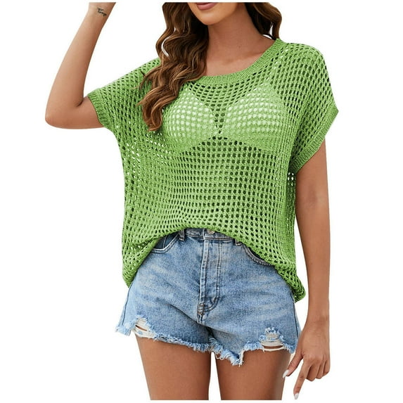 Hvyesh Women's Summer Crew Neck Short Sleeve Sweater Casual Tops Hollow Out Crochet Coverups Pullover Knit Tops