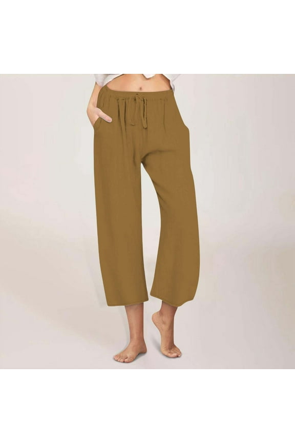 Women's Summer High Waisted Capri Pants Plus Size Cotton Linen Pants Casual Sport Activewear Capris Sweatpants Loose Fit