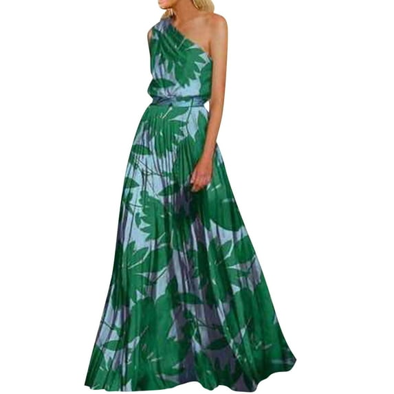 Hvyesh Women's Summer One Shoulder Long Formal Dresses Sleeveless Bodycon Wedding Guest Maxi Dress Trendy Floral Print Gown Party Dress