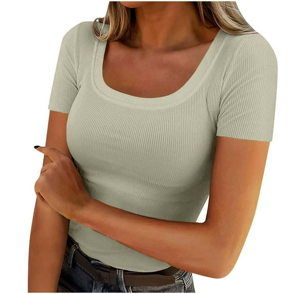 Hvyesh Women's Summer Scoop Neck Short Sleeve T-Shirts Ribbed Knit Slim Fitted Casual Tight Top