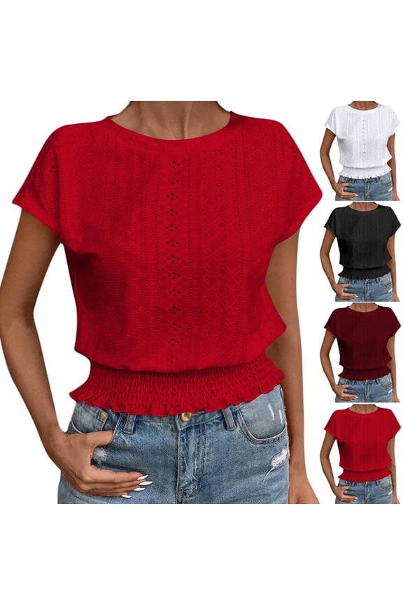 Women's Summer Short Sleeve Eyelet Tops Casual Crewneck Tunic T Shirts Elastic Waist Smocked Blouses