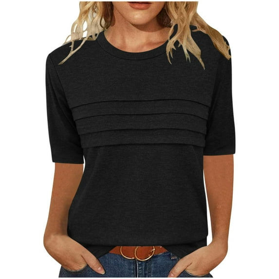 Hvyesh Women's Summer Short Sleeve Shirts Trendy Solid Pleated T-Shirts Casual Crew Neck Tunic Tops