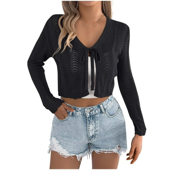 Hvyesh Women's Tie Front Crochet Cardigan Lightweight Long Sleeve Cardigans Sweaters Boho Beach Hollow Out Lace Cover Up