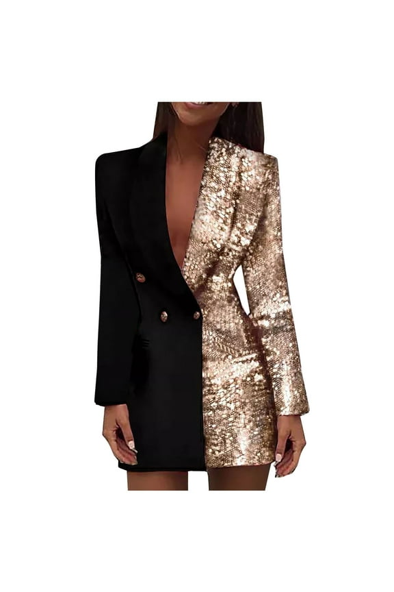 Women's Trendy Sequin Prom Outwear Long Sleeve Double Breasted Blazers Chic Lapel Club Party Long Blazer Suit