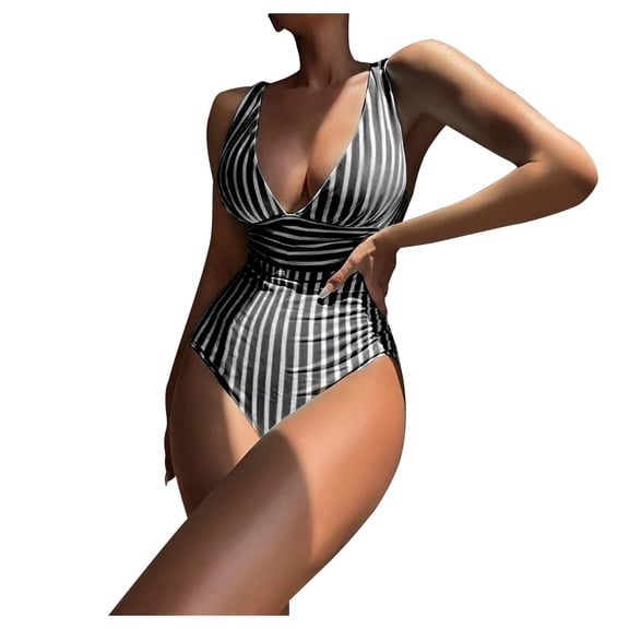 Hvyesh Women's Tummy Control One Piece Swimsuit V-neck Backless Swimsuit Striped Tummy Control One Piece Swimsuit Bikini,Black,L