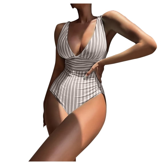 Hvyesh Women's Tummy Control One Piece Swimsuit V-neck Backless Swimsuit Striped Tummy Control One Piece Swimsuit Bikini,Khaki,S
