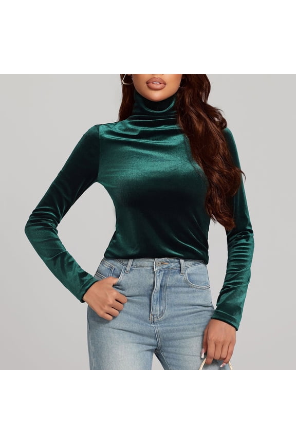 Women's Turtleneck Velvet Top Long Sleeve Work Shirts Fall Solid T-Shirt Basic Velour Blouse