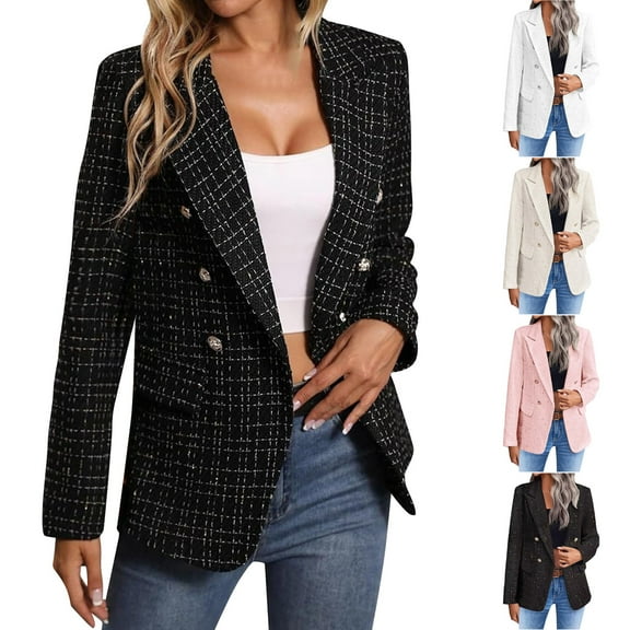 Hvyesh Women's Tweed Plaid Blazer Jacket Fashion Open Front Business Casual Blazer Jackets Slim Fit Work Coat with Pockets