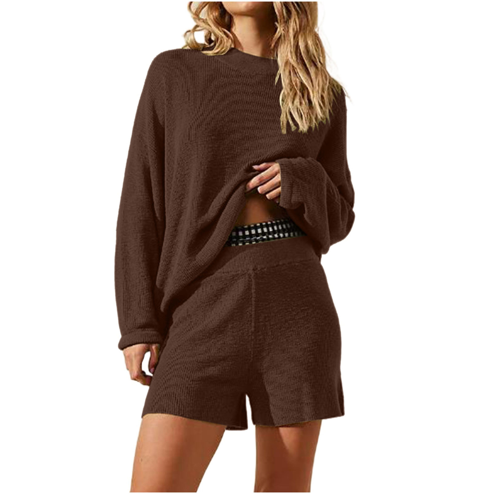 Hvyesh Women's Two Piece Outfits Sweater Shorts Sets Long Sleeve Crew