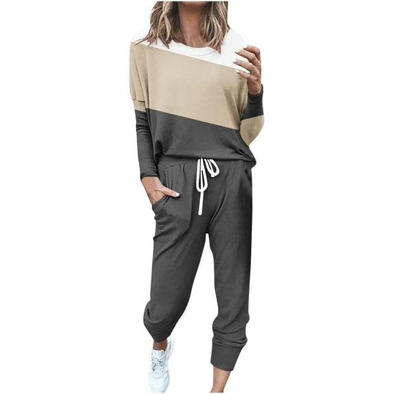 Hvyesh Women's Two Piece Outfits Sweatsuit Sets Plus Size Long Sleeve Patchwork Pullover and Drawstring Jogger Pants Lounge Sets Loose Casual Workout 2 Piece Outfits