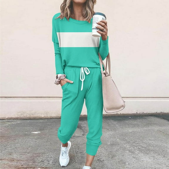 Hvyesh Women's Two Piece Sweatsuit Color Block Lounge Pajamas Set Outfit Long Sleeve Crewneck Pullover Tops and Long Pants Tracksuit