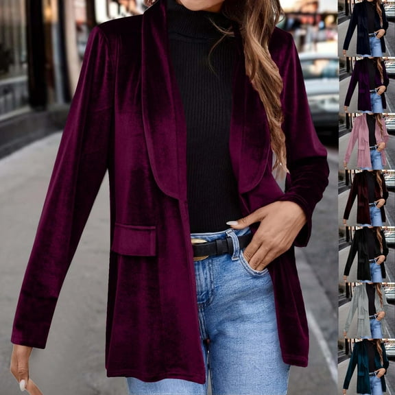 Hvyesh Women's Velvet Blazer Jacket Solid Color Long Sleeve Coats Open Front Casual Suit Cardigan Mid-Length Coat