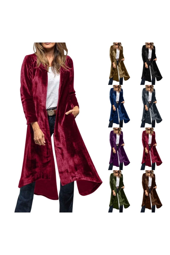 Women's Velvet Long Jackets Open Front Trench Coat Elegant Back High Slit Pea Coat Classic Fit Blazer Suit Jacket with Pockets