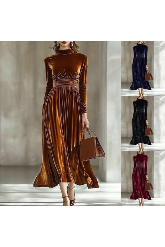 Women's Velvet Maxi Dress Trendy Mock Neck Long Sleeve Long Dress Cozy Wedding Guest Dresses Soft Velour Pleated Swing Dress