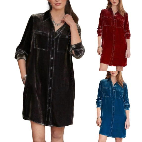 Hvyesh Women's Velvet Shirt Dress Trendy Casual Long Sleeve Button Down Midi Dresses Velvet Lapel Work T-Shirt Dress