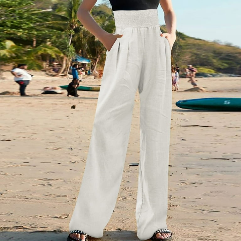 Hvyesh Women's Wide Leg Cotton Linen Pants Summer High Waist Casual  Drawstring Comfy Trousers Lightweight Palazzo Pants