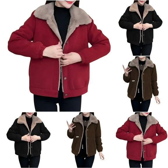 Hvyesh Women's Winter Casual Coat Trendy Lapel Sherpa-Lind Jackets Plus Size Button Down Puffer Jacket Long Sleeve Padded Outerwear Coats