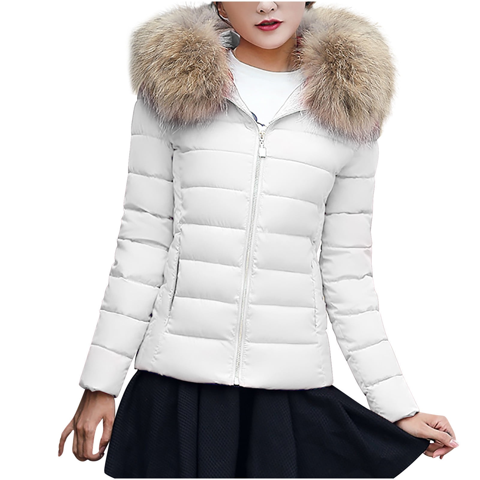 Hvyesh Women's Winter Puffer Jackets Dressy Zipper Faux Fur Hoodies
