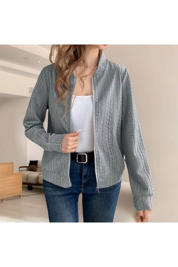 Women's Zip Up Bomber Jackets Soft Long Sleeve Knit Cardigan Sweater Crewneck Cable Solid Jacket Gray