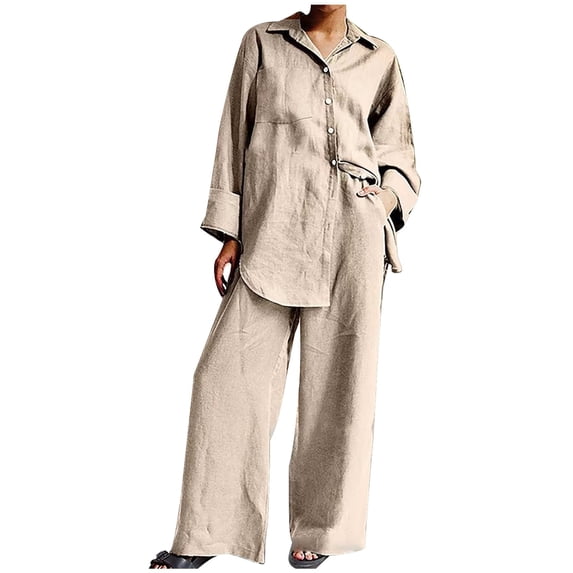 Hvyesh Womens 2 Piece Linen Sets Loose Long Sleeve Button Shirt and Wide Leg Pants Lounge Set Trendy Solid Matching Two Piece Outfit with Pockets