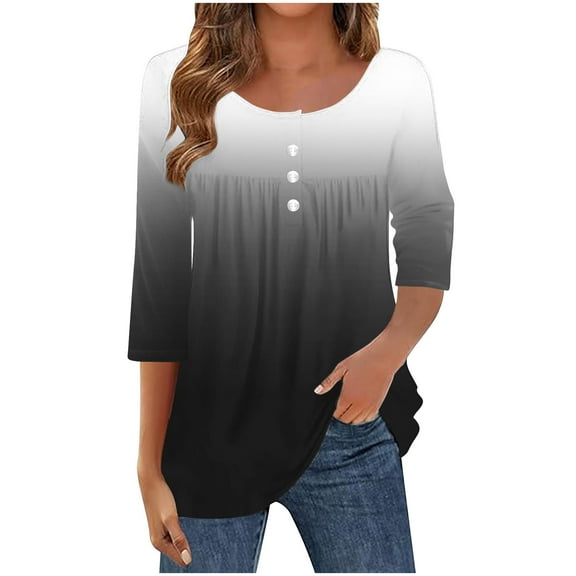 Hvyesh Womens 3/4 Length Sleeve T Shirts Button V Neck Tunic Tops Slim Fit Pleated Henley Shirt Boho Print Blouses for Women Fashion 2026