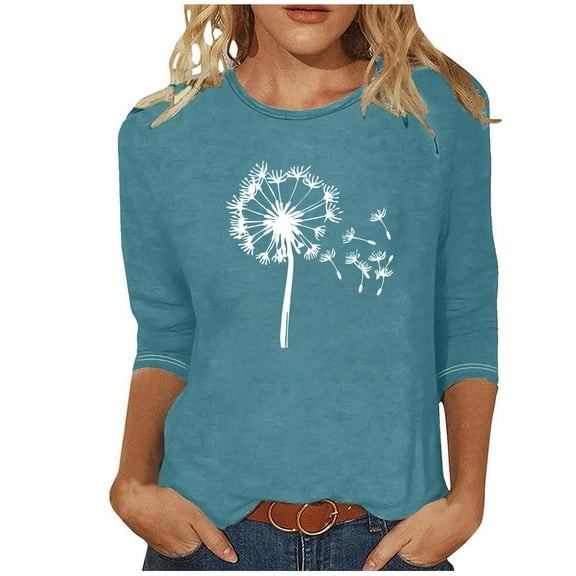 Hvyesh Womens 3/4 Length Sleeve Tops Dressy Casual Graphic Print Blouses 2025 Trendy Round Neck Loose Shirts