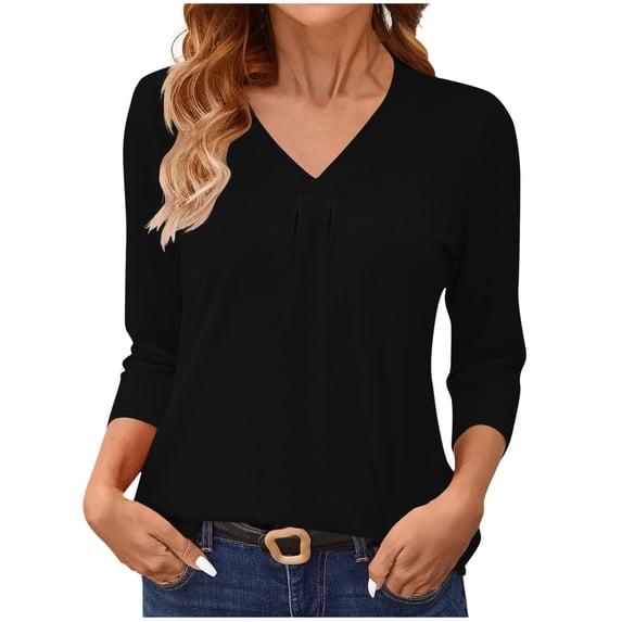 Hvyesh Womens 3/4 Length Sleeve Tops Loose Fit V Neck Solid Tshirt Casual Three-Quarter Sleeve Beach T Shirts