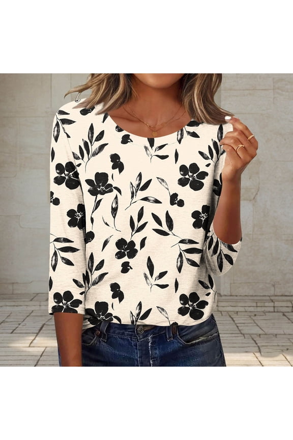 Womens 3/4 Length Sleeve Tops Summer V-Neck Puff Sleeve Blouses Floral Print Business Work Tunic Shirt