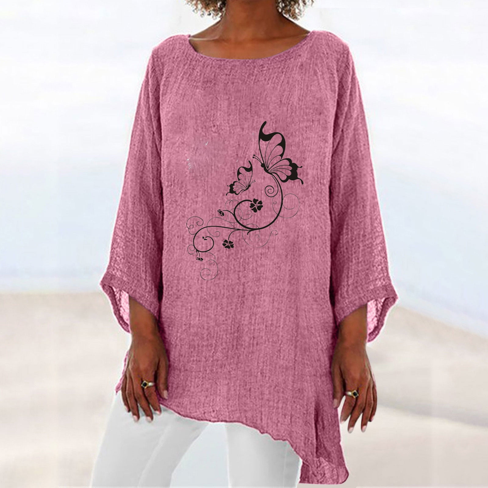 Hvyesh Womens 3/4 Sleeve Tops Summer Casual Round Neck T Shirts Print Lightweight Tunic Blouses