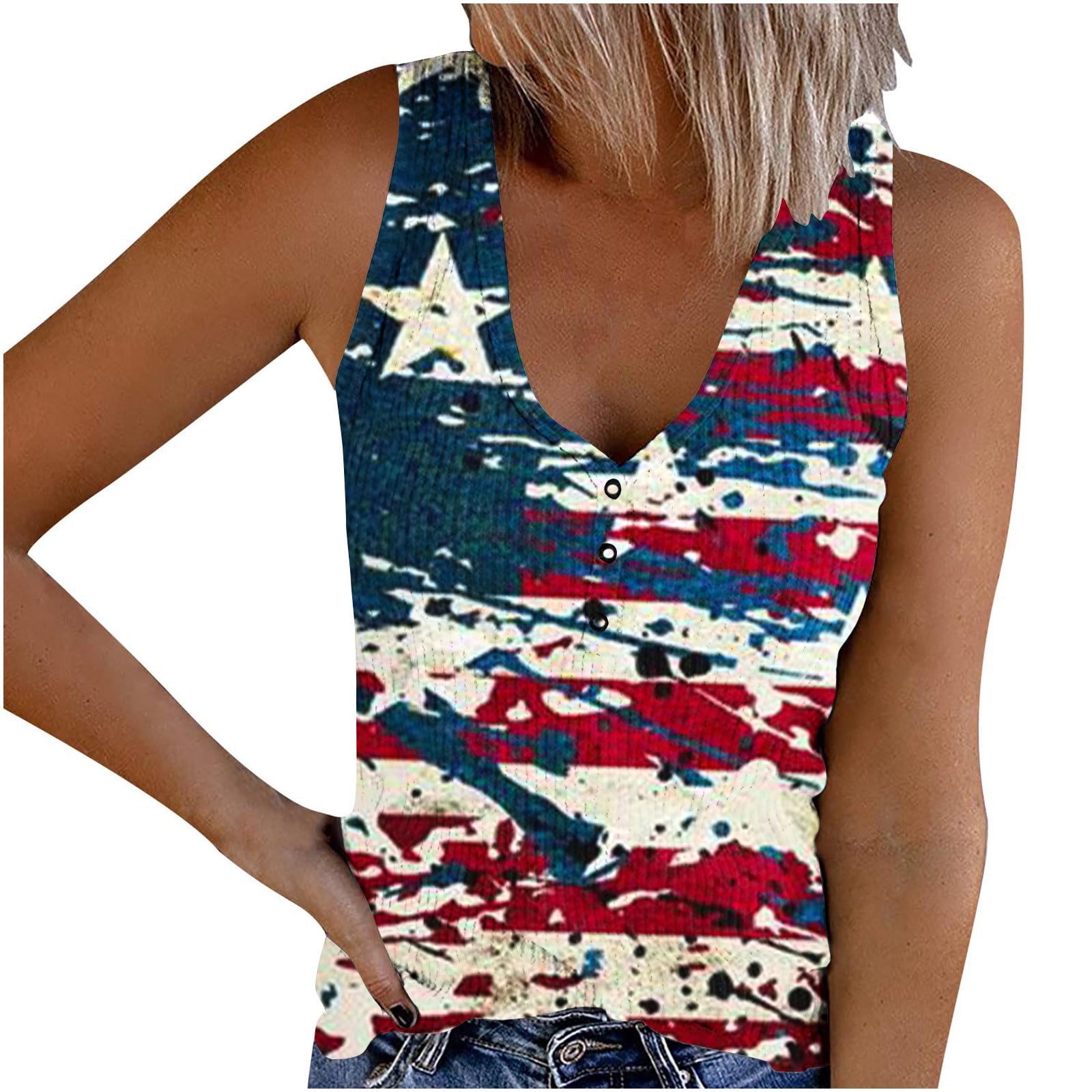 LANMERTREE Women's American Flag V-Neck Tank Top - Patriotic 4th Of July Summer Shirt - View #2