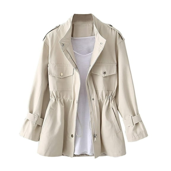 Hvyesh Womens Anorak Jacket Lightweight Snap Buttons Zip Up Trench Coat Waist Drawstring Windproof Jackets Outwear with Pockets