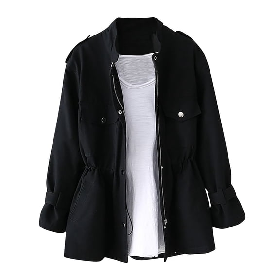 Hvyesh Womens Anorak Jacket Lightweight Snap Buttons Zip Up Trench Coat Waist Drawstring Windproof Jackets Outwear with Pockets
