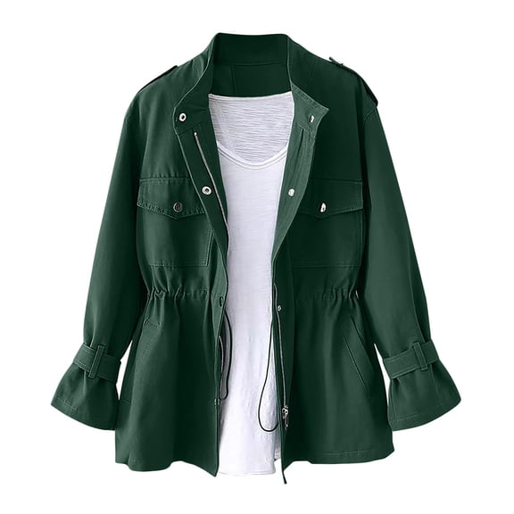 Hvyesh Womens Anorak Jacket Lightweight Snap Buttons Zip Up Trench Coat Waist Drawstring Windproof Jackets Outwear with Pockets