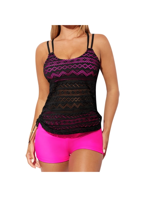 Womens Blouson Tankini Swimsuits Two Piece Strappy Bathing Suit Tops with Shorts 2 Piece Hollow Out Tankini Swimsuits