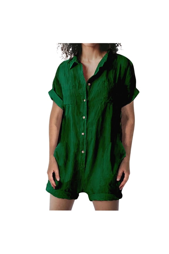 Womens Button Down Jumpsuit Summer Cotton Linen V-Neck Shorts Overalls Casual Short Sleeve Loose One Piece Romper