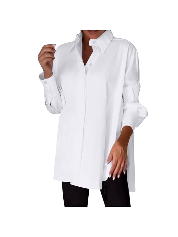 Womens Button Down Shirts Plus Size Long Sleeve Tops Work Office Button Up Dress Shirt Chiffon Blouses