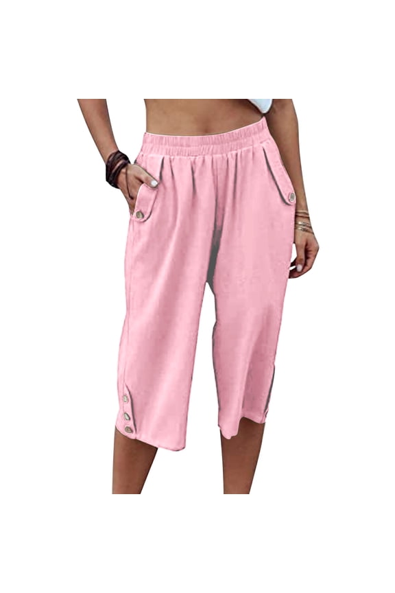 Womens Capri Pants Casual Cropped Pants Elastic Waist Summer Trousers 3/4 Length Pants with Pockets