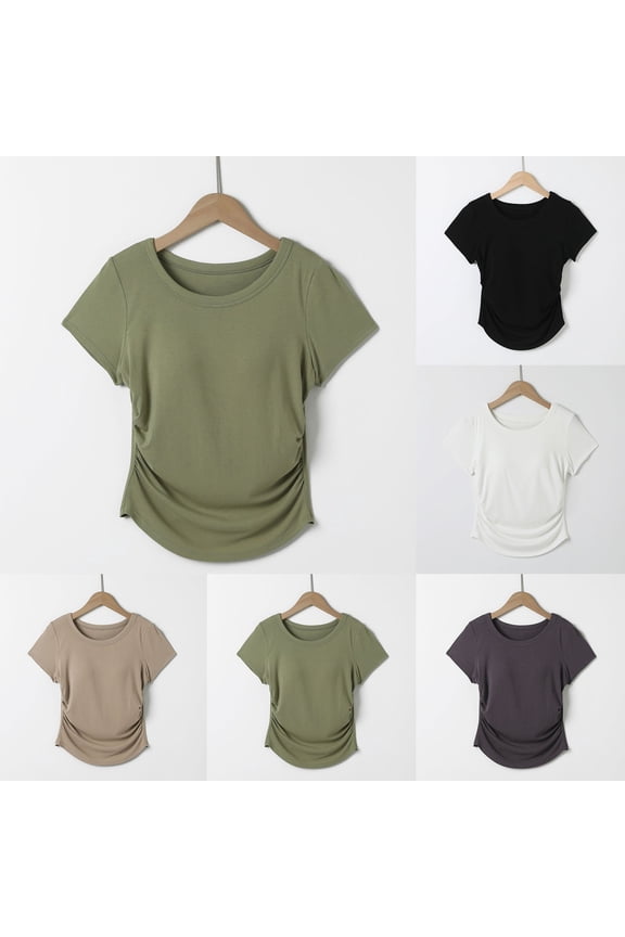 Womens Casual Short Sleeve Crop Tops Slim Fit Ruched Side Tshirt Going Out Yoga T Shirt Y2K Tops with Built in Bra