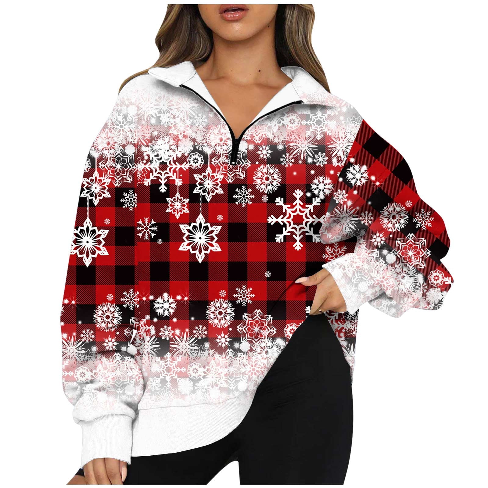 Hvyesh Womens Christmas Plaid Sweatshirts Casual Zipper V Neck Blouse ...