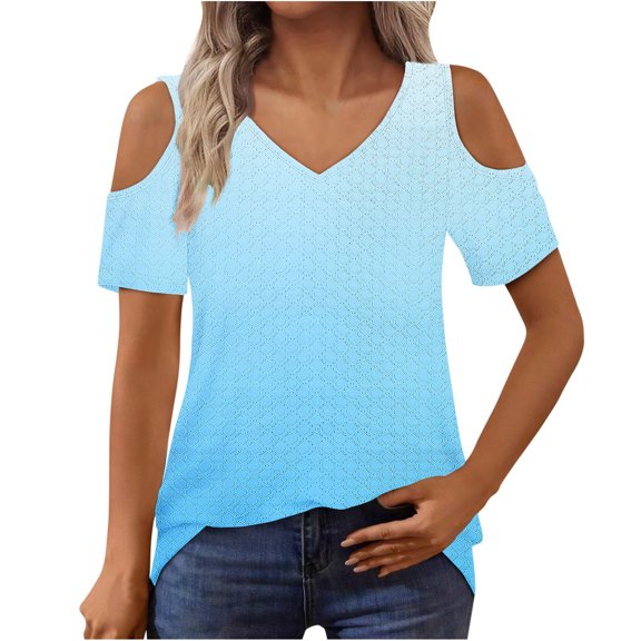 Hvyesh Womens Cold Shoulder Tops Summer Eyelet Short Sleeve T-Shirt Dressy Casual Tie Dye Gradient Tunic Shirt Blouse