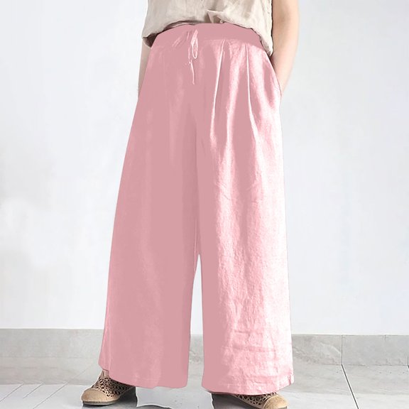 Hvyesh Womens Cotton Linen Palazzo Pants Drawstring Elastic Waist Casual Wide Leg Trousers Lightweight Loose Yoga Beach Pants with Pockets