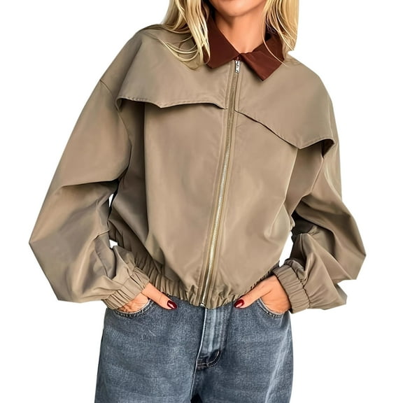 Hvyesh Womens Cropped Pea Coats Zip Up Barn Jackets Casual Long Sleeve Solid Jackets Fall Trendy Cargo Outerwear with Pockets