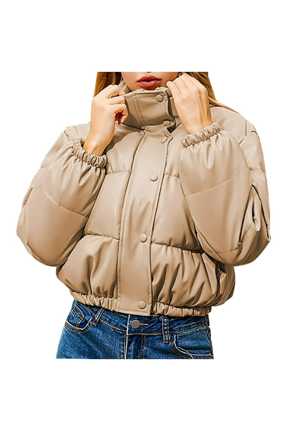 Womens Cropped Puffer Jackets Baggy PU Leather Winter Coat Trendy Solid Long Sleeve Stand Collar Puffer Coats
