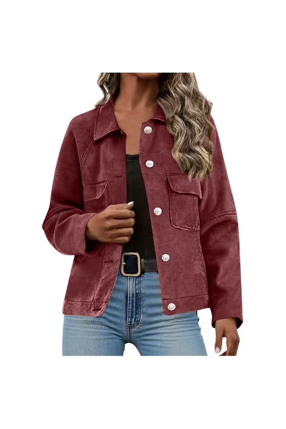 Womens Cropped Shackets Faux Suede Button Down Jackets Dressy Long Sleeve Coat