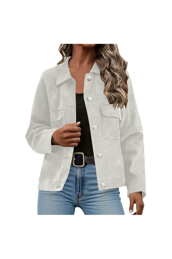 Womens Cropped Shackets Faux Suede Button Down Jackets Dressy Long Sleeve Coat